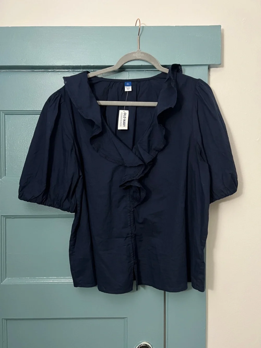 Old Navy Navy Ruffled V-Neck Puff Sleeve Blouse